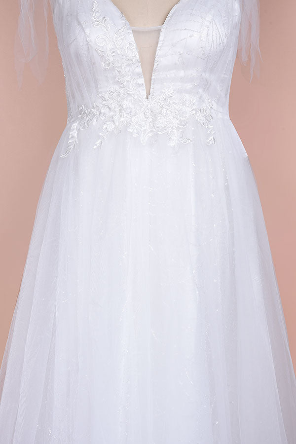 Plus Size Long V-neck Appliques Tulle A-line White Wedding Dress