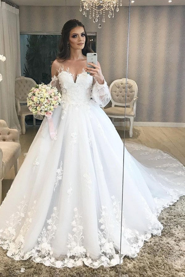 Elegant Long A-line Princess Off the Shoulder Tulle Wedding Dress with Bubble Sleeves