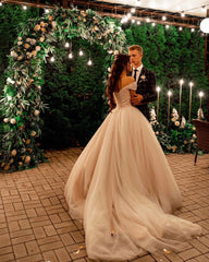 Beautiful Long Tulle Off the Shoulder A-line Wedding Dress with Chapel Train
