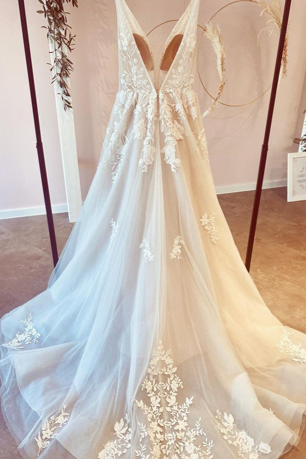 Stunning Long V-neck A-Line Floor Length Tulle Wedding Dress With Floral Lace