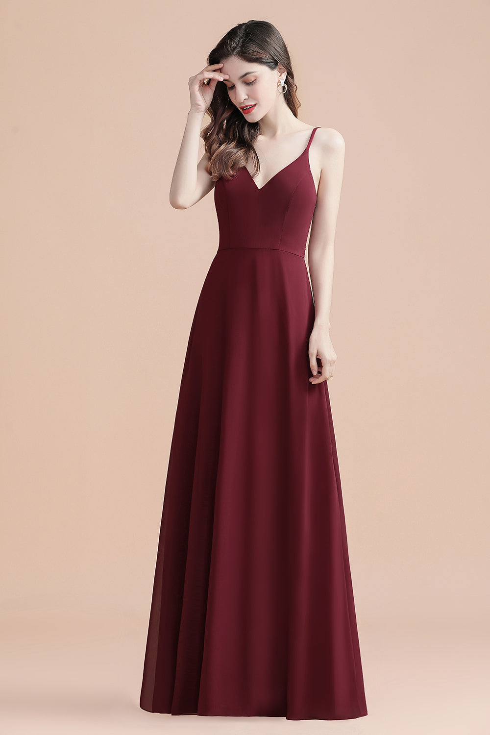 Elegant Spaghetti Straps V-Neck Chiffon Burgundy Long Bridesmaid Dress