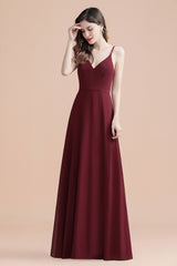 Elegant Spaghetti Straps V-Neck Chiffon Burgundy Long Bridesmaid Dress
