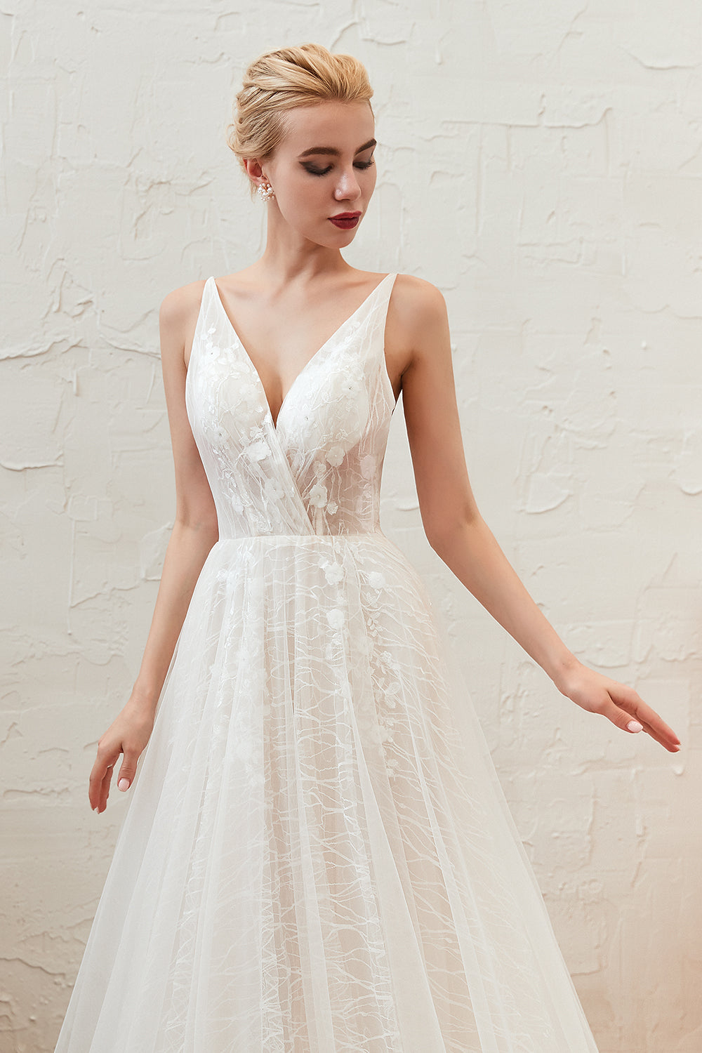 Classy A-Line Long V-neck Floor Length Lace Tulle Open Back Wedding Dress
