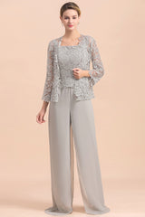 Chic Silver Lace Chiffon Long Sleeves Mother of Bride Jumpsuit With Wrap