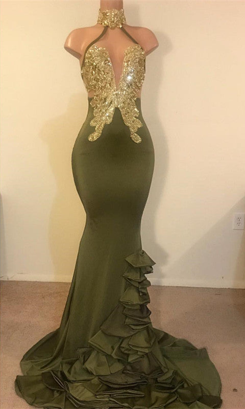 Modest Long High Neck Satin Ruffle Mermaid Prom Dress