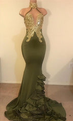 Modest Long High Neck Satin Ruffle Mermaid Prom Dress