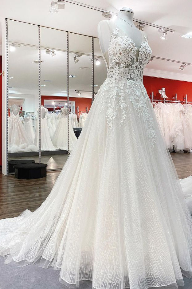 Long A-line Sweetheart Tulle Breath-taking Detailed Appliques Ruffles Open Back Wedding Dress