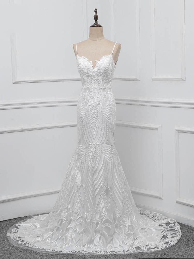 Elegant Long Spaghetti Strap Backless Mermaid Wedding Dresses