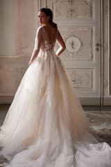 A Line Open Back Tulle Deep V Neck Long Sleeves Floor Length Wedding Dress with Lace