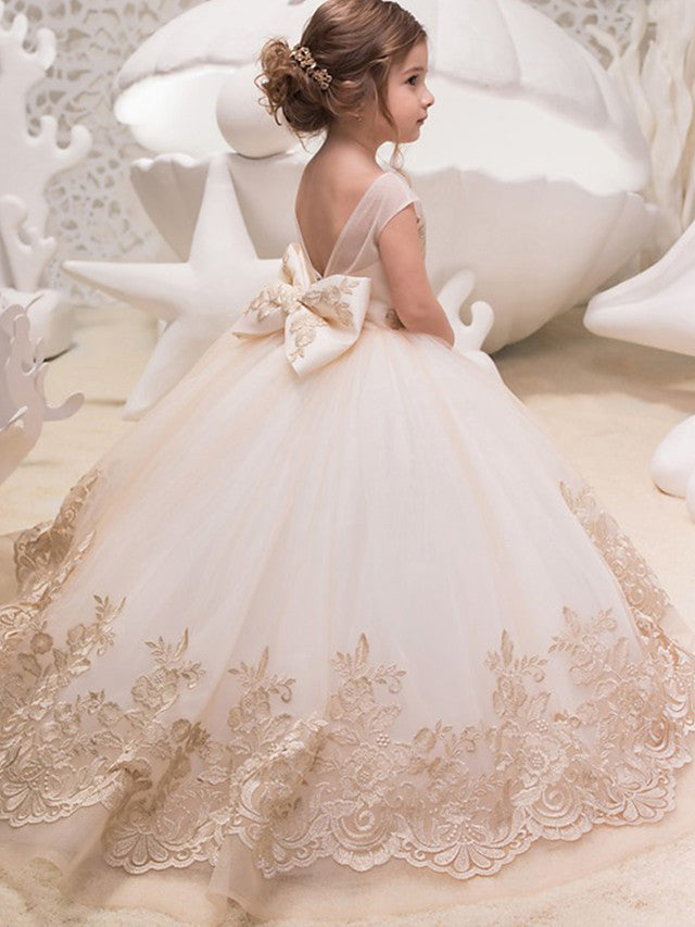 Ball Gown Long Tulle Lace Sleeveless Jewel Neck Flower Girl Dresses