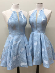 Short V-Neck A-Line Sleeveless Satin Lace Prom Dresses with Pockets