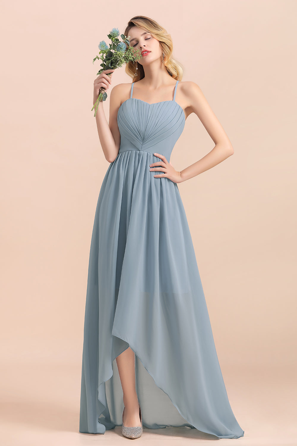 Spaghetti Straps Sweetheart Soft Chiffon High Low A-Line Bridesmaid Dress