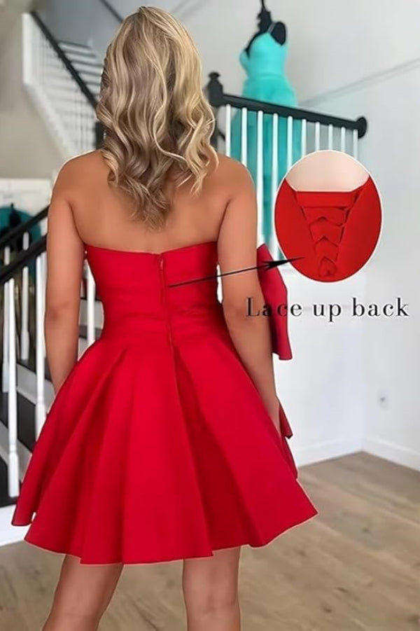 Simple Short A-line Strapless Sleeveless Ruffle Satin Homecoming Dress