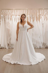 Simple White Plus Size Long Spaghetti Straps V-Neck A-Line Sleeveless Wedding Dress