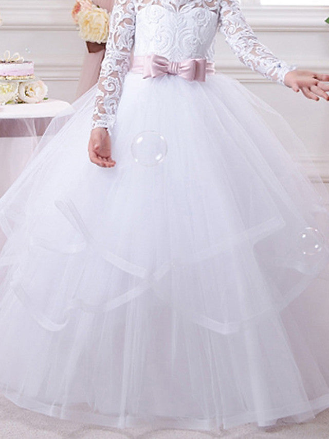 White Long Ball Gown Tulle Lace Flower Girl Dresses with Sleeves