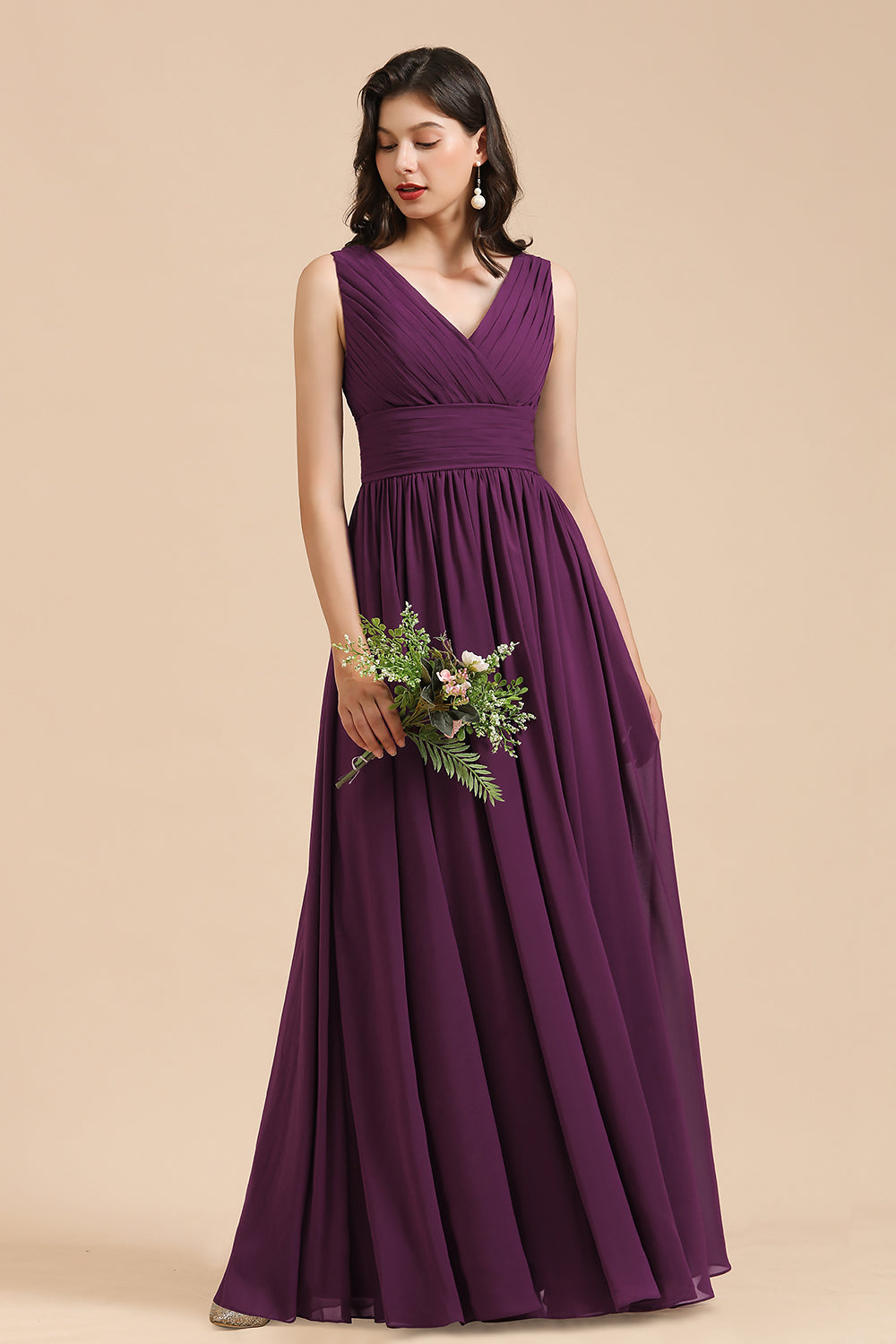 Elegant Long A-line V-neck Ruched Chiffon Bridesmaid Dress