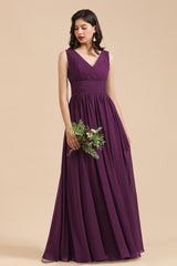 Elegant Long A-line V-neck Ruched Chiffon Bridesmaid Dress