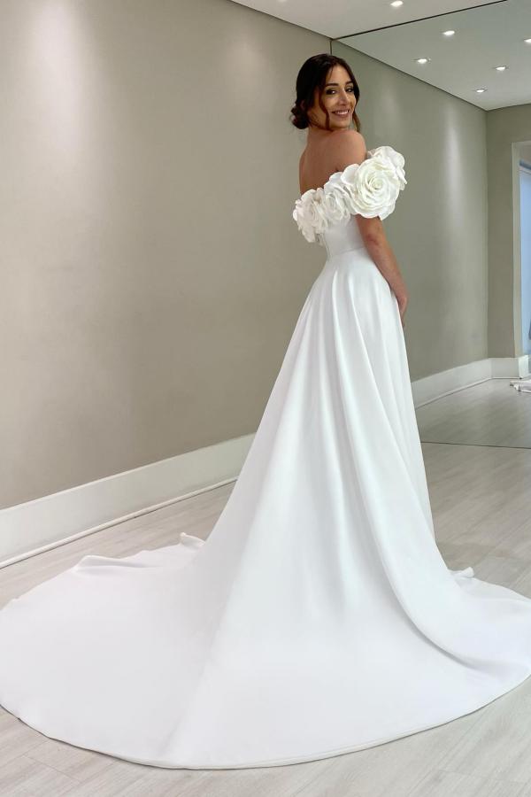 Long A-line Off the Shoulder Satin Flower Wedding Dresses with Slit