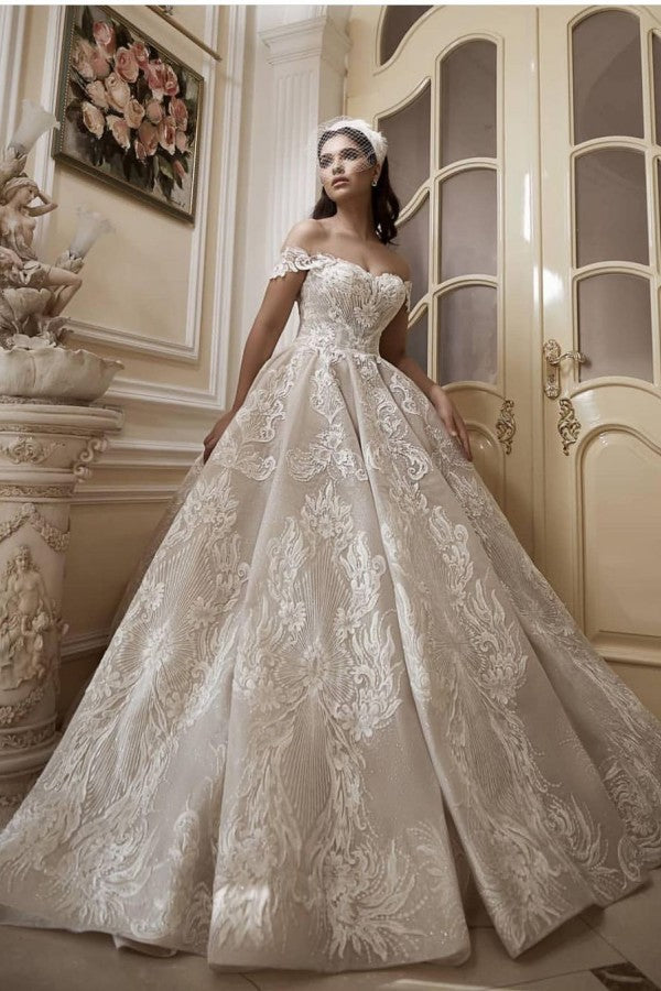 Long Off the Shoulder Appliques Lace Floor Length Church A-Line Wedding Dress