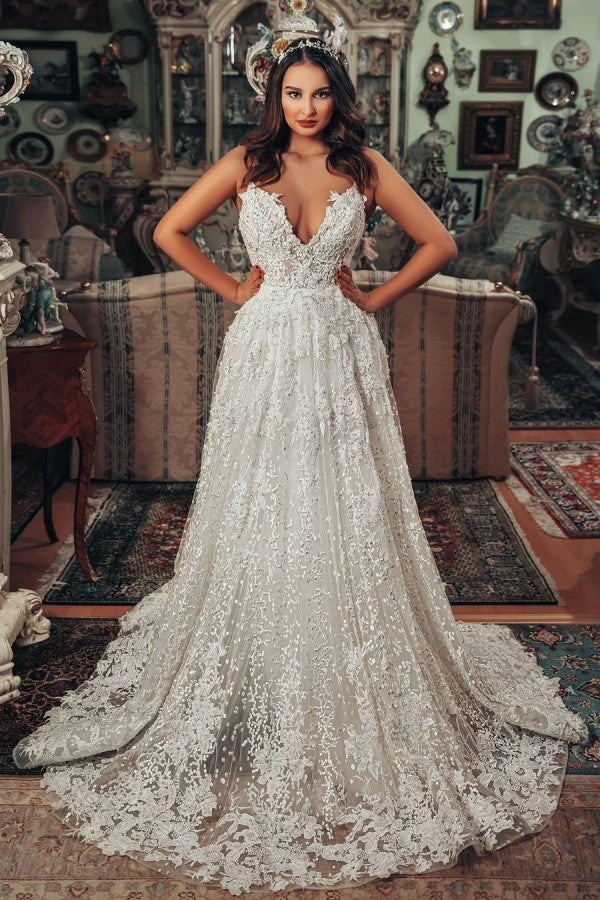 Gorgeous Long A-line V-neck 3D Floral Lace Wedding Dresses