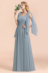 Dusty Blue Sleeveless A-Line Wedding Guest Dress Floor Length Bridesmaid Dress