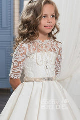 White Long A-line Scoop Neck Satin Lace Flower Girl Dress