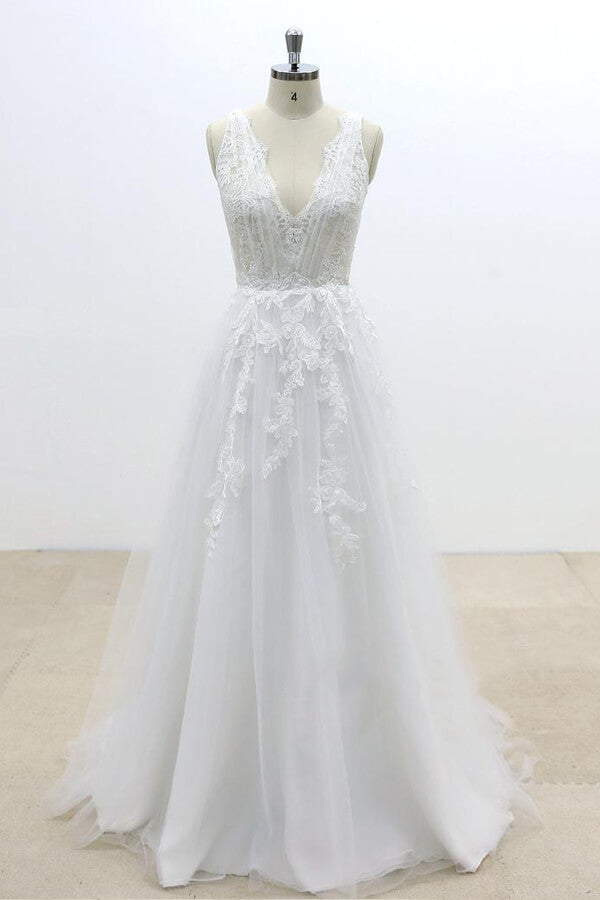 Long Ruffle V-neck Appliques Tulle A-line Wedding Dress