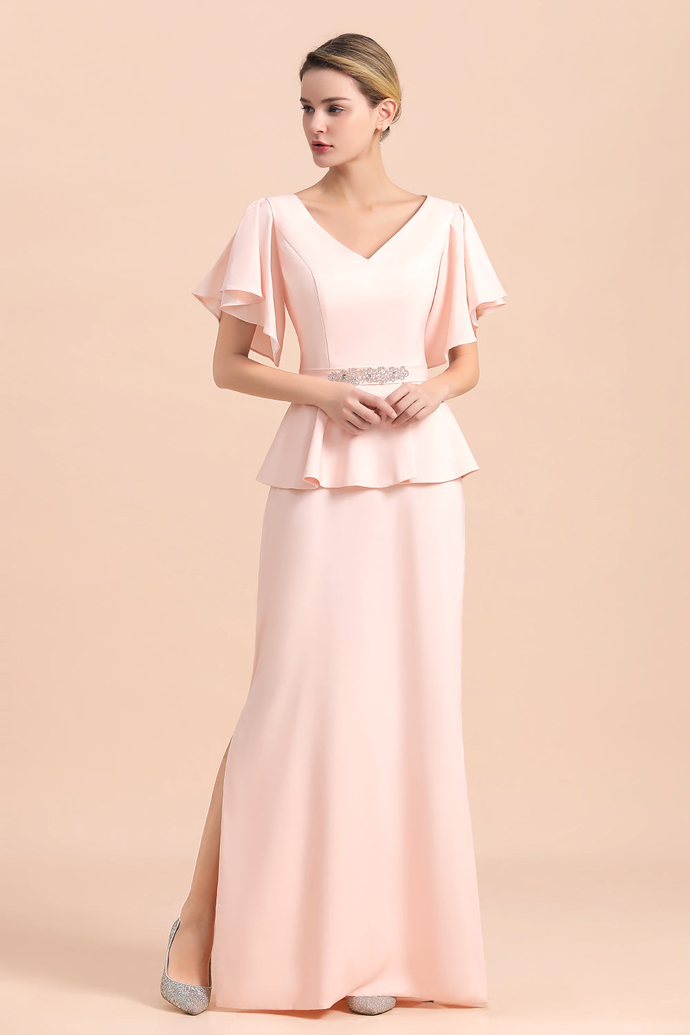 Glamorous V-Neck Beadings Satin Pink Mother of Bride Dresses