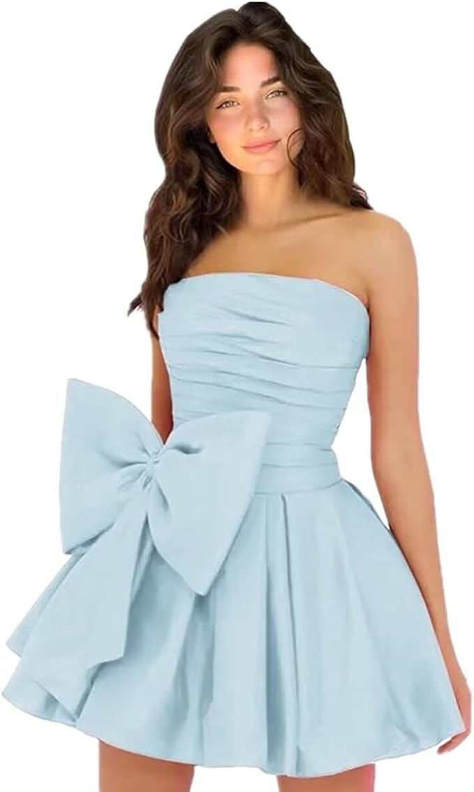 Simple Short A-line Strapless Sleeveless Ruffle Satin Homecoming Dress