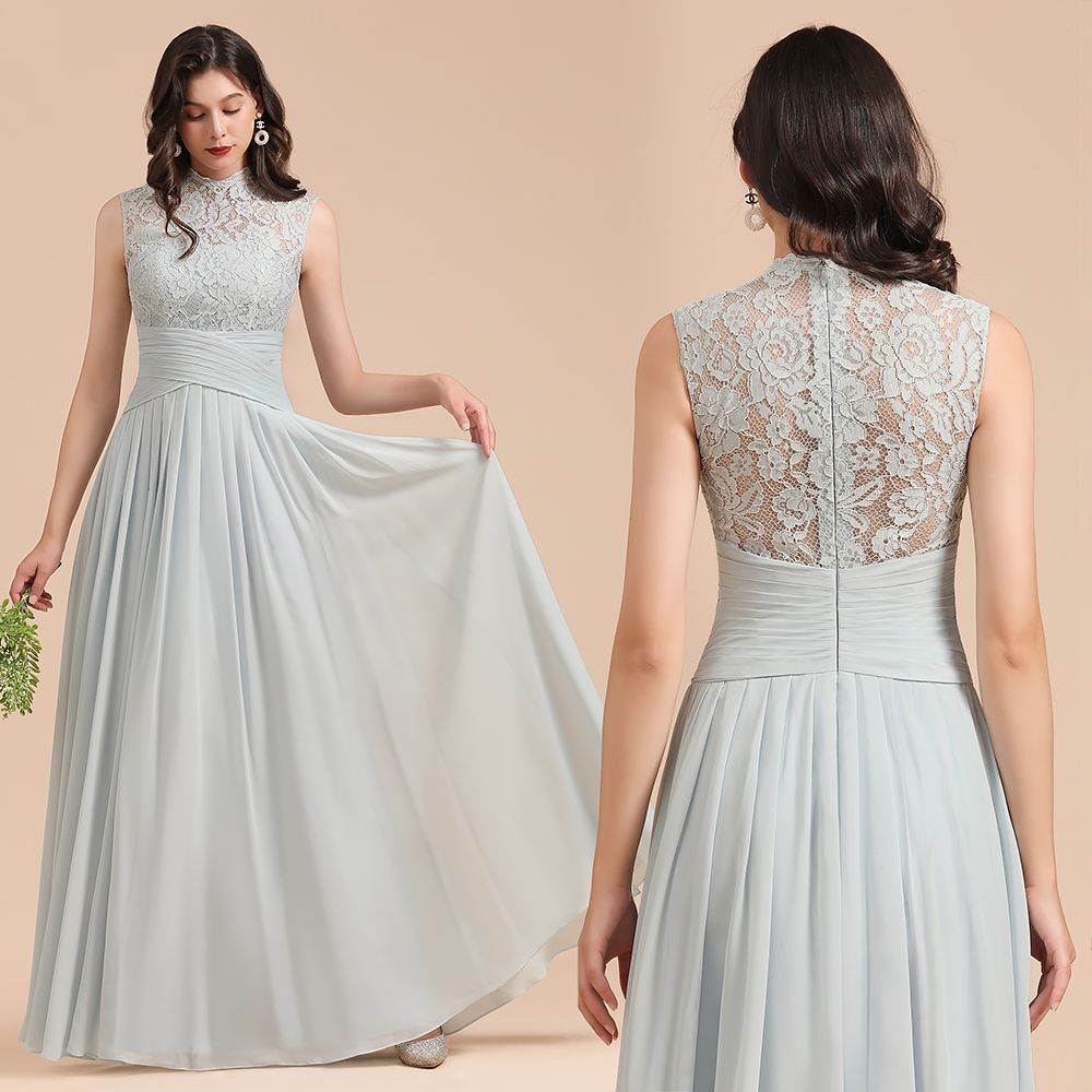 Long A-line High Neck Lace Sleeveless Chiffon Bridesmaid Dress