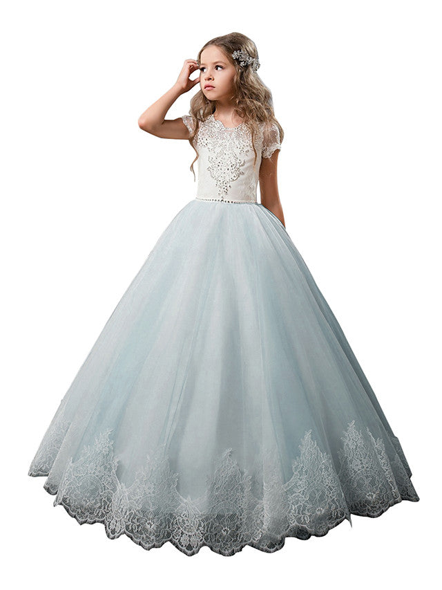 White Long A-line Floor Length Tulle Lace First Communion Flower Girl Dresses