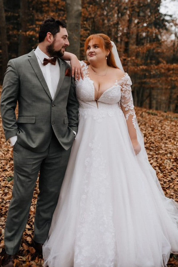 Boho Deep V-neck Long Sleeves Plus Size Ball Gown Wedding Dresses