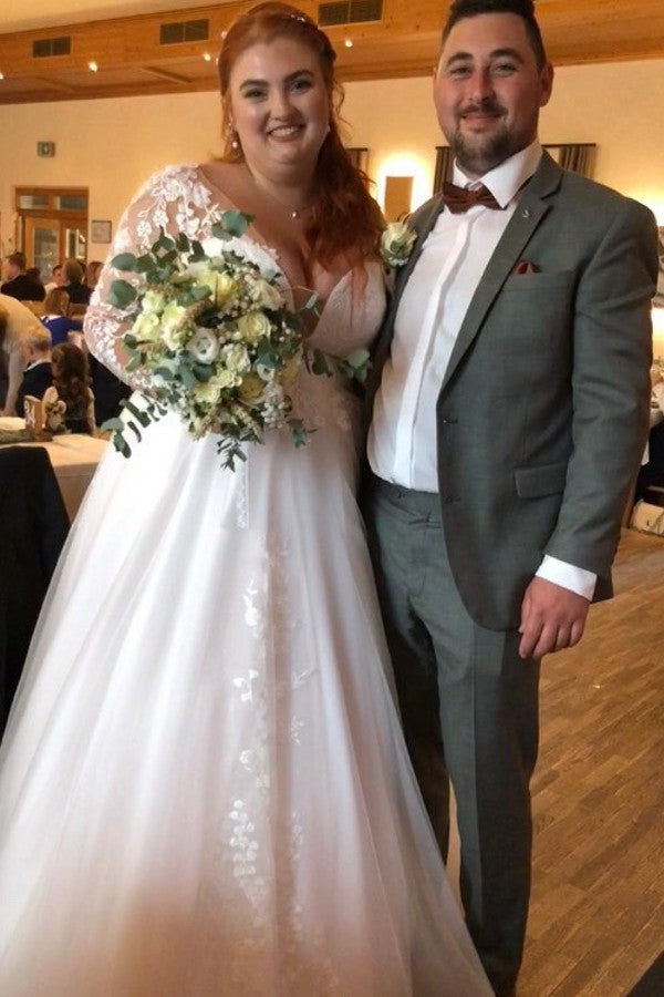 Boho Deep V-neck Long Sleeves Plus Size Ball Gown Wedding Dresses