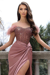 Long Off The Shoulder Mermaid Satin Prom Dress with Slit
