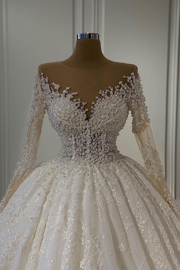 Gorgeous Lace Long Beads Ball Gown Tulle Wedding Dress with Long Sleeves