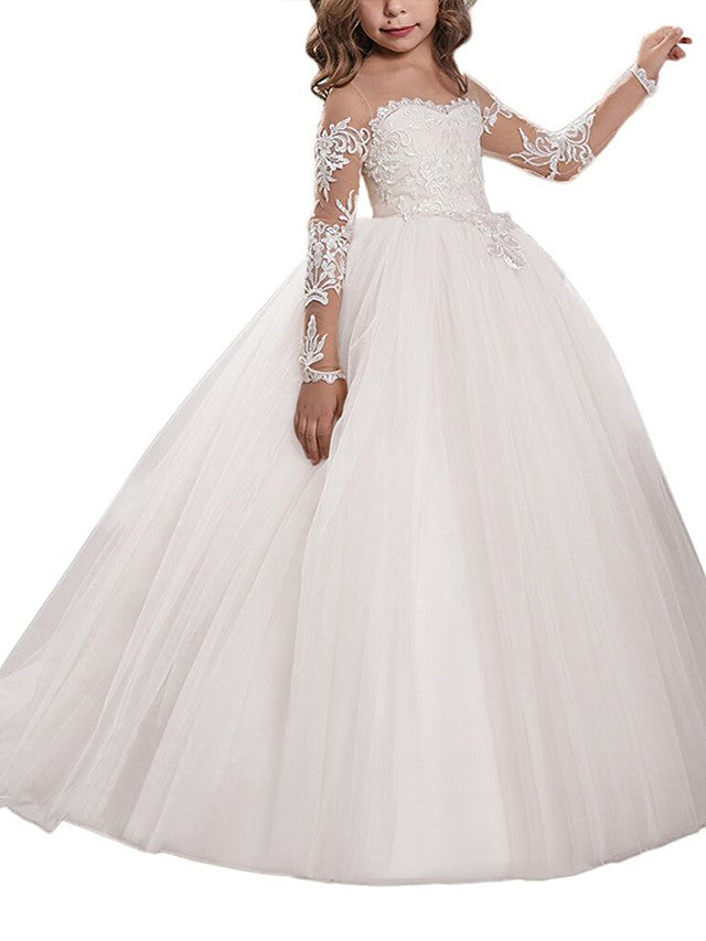Long Ball Gown Tulle Lace Flower Girl Dresses with Sleeves