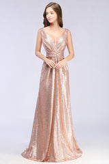 Elegant A-line Sequined V-Neck Sleeveless Floor Length Bridesmaid Dresses