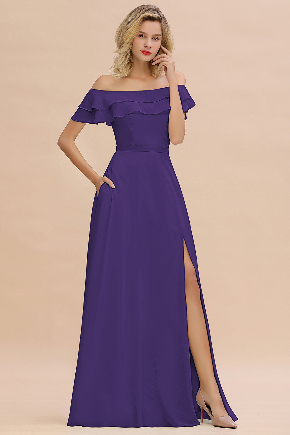 Off the Shoulder Front Slit Mint Green Long Bridesmaid Dress