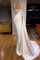 Mermaid Long Spaghetti Straps Beaded Satin Prom Dress with Slit