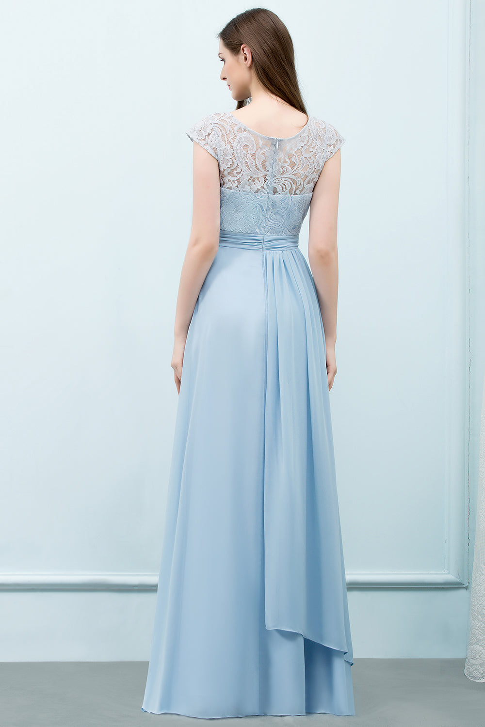 A-line Chiffon Lace Scoop Cap Sleeves Floor Length Bridesmaid Dresses