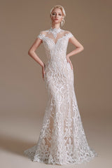 Vintage Long Mermaid High Neck Lace Wedding Dress with sleeves
