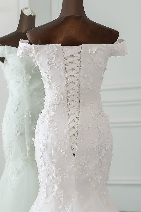 Long Off the Shoulder Lace-up Applique Mermaid Wedding Dress