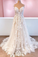 Classy Long Spaghetti Straps Appliques Lace A-Line Tulle Backless Wedding Dress