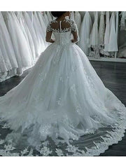 Long A-Line Jewel Neck Lace Tulle Wedding Dresses with Sleeves