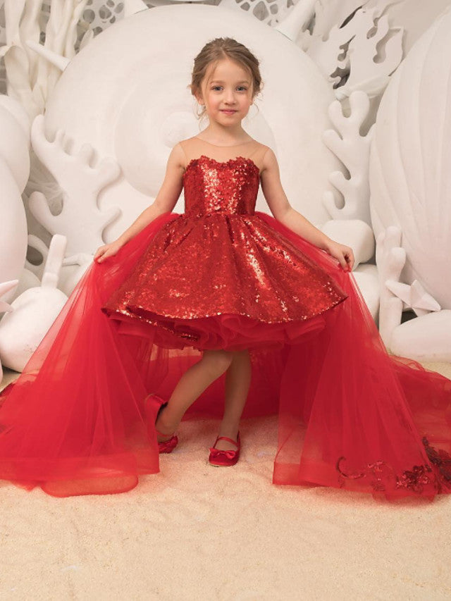 Red Ball Gown Sequin Tulle Sleeveless Flower Girl Dresses with Bow