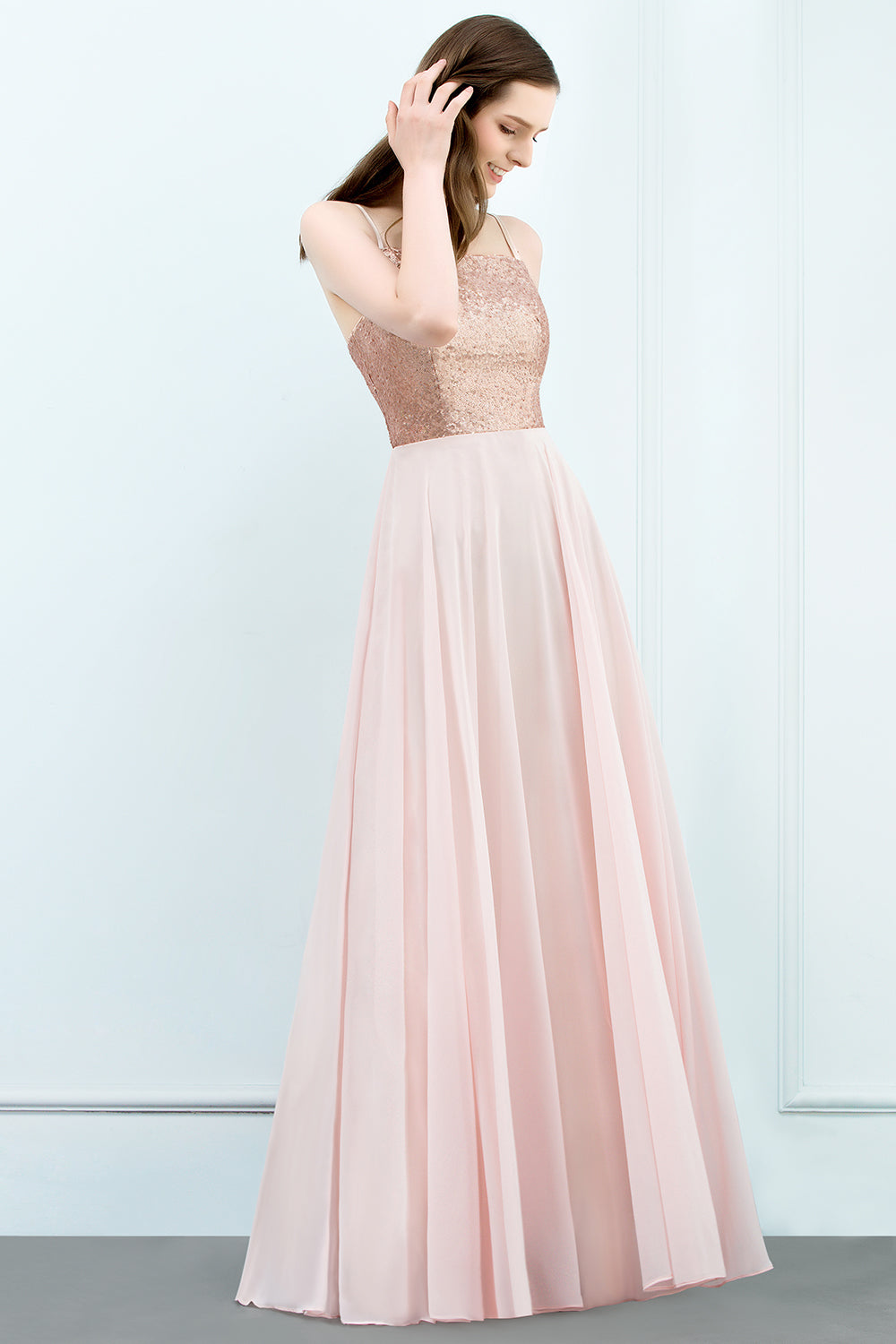 A-line Chiffon Sequined Spaghetti Straps Sleeveless Floor Length Bridesmaid Dress