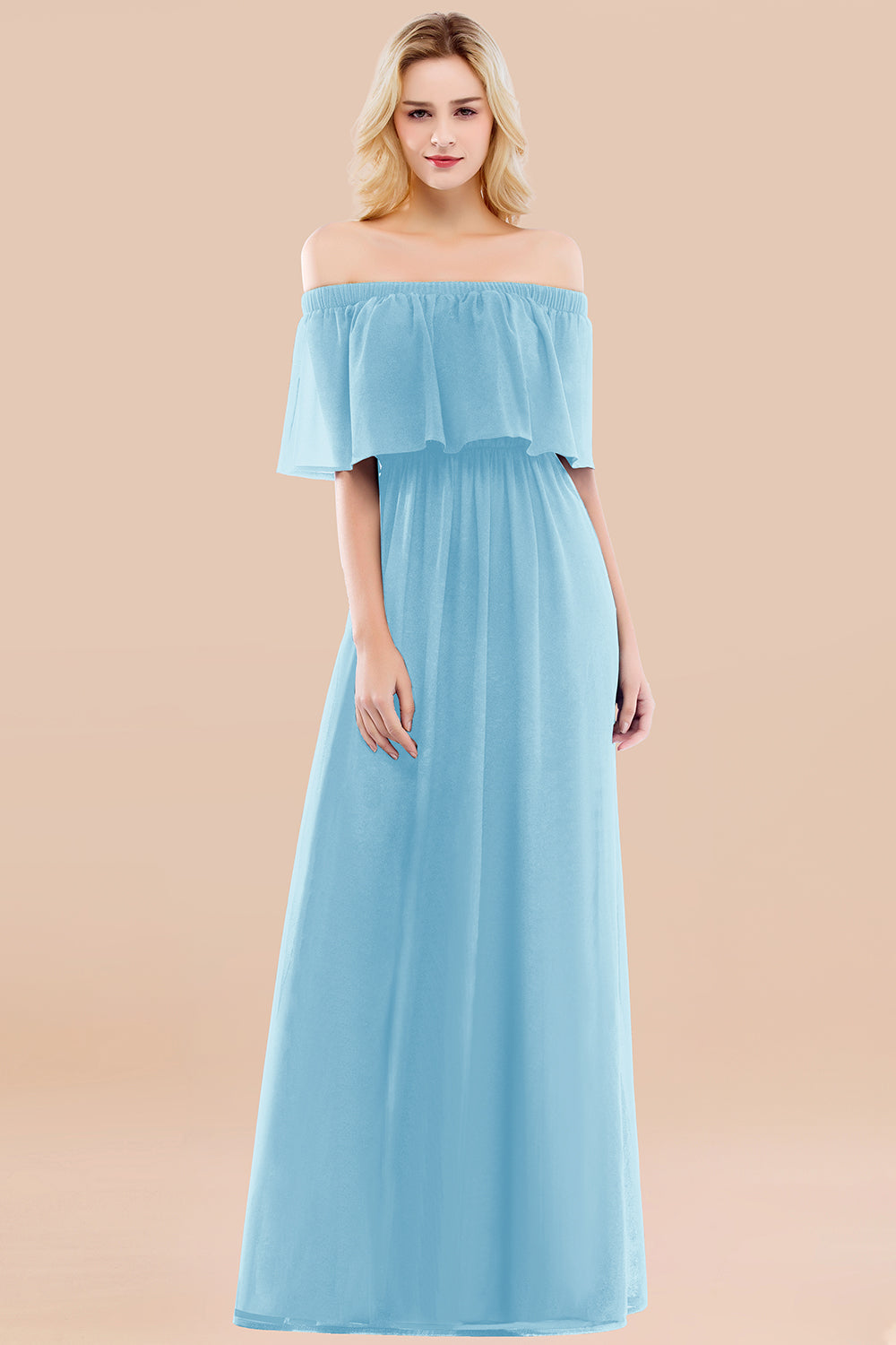 A-line Chiffon Off the Shoulder Short Sleeves Ruffles Floor Length Bridesmaid Dress