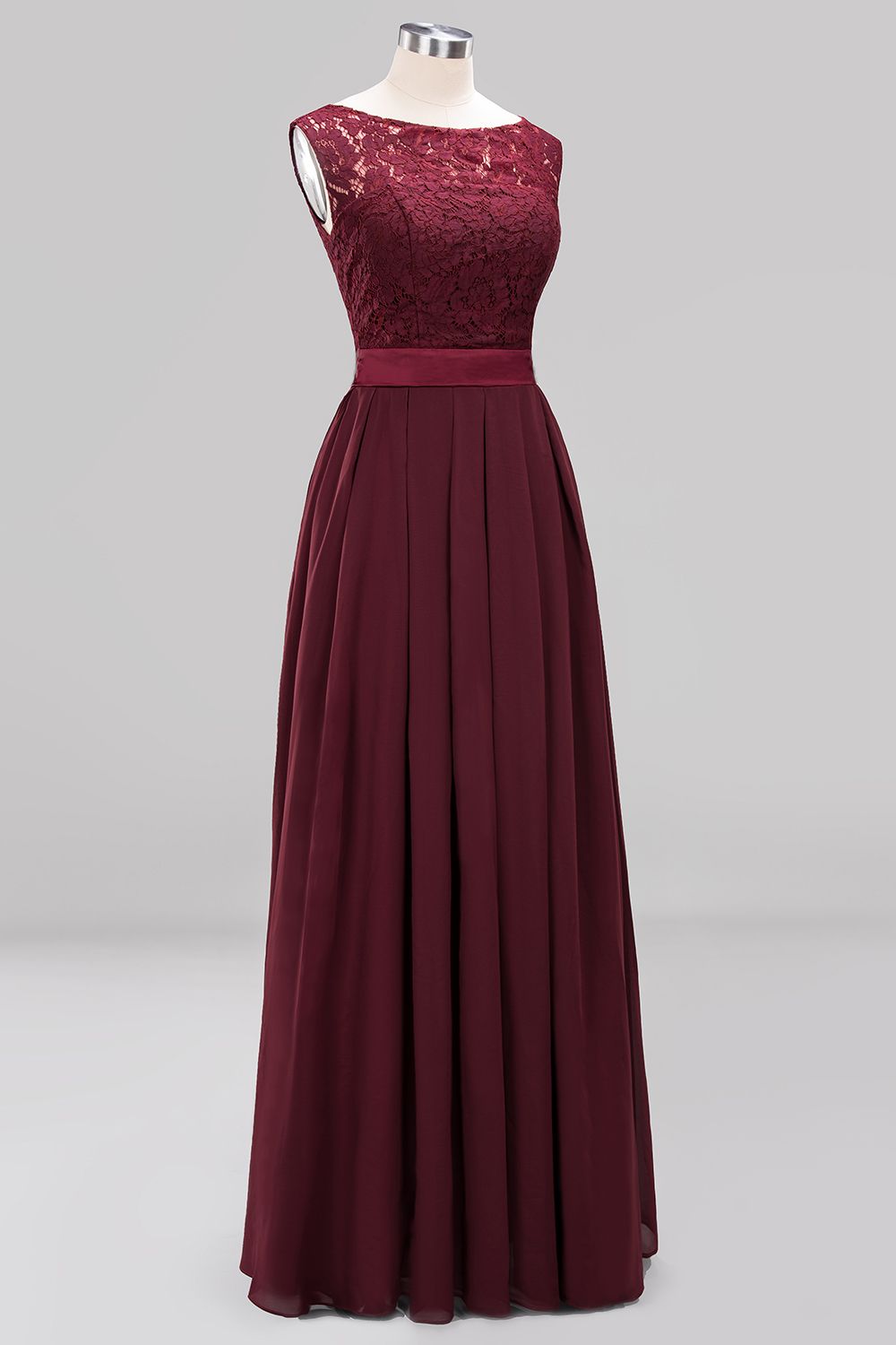 A-line Chiffon Lace Jewel Sleeveless Ruffles Floor Length Bridesmaid Dress