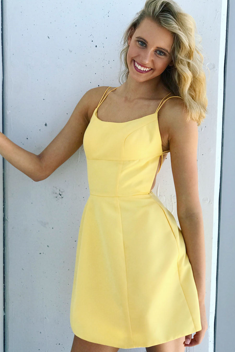 A-line Spaghetti Straps Yellow Satin Open Back Homecoming Dress with Pockets