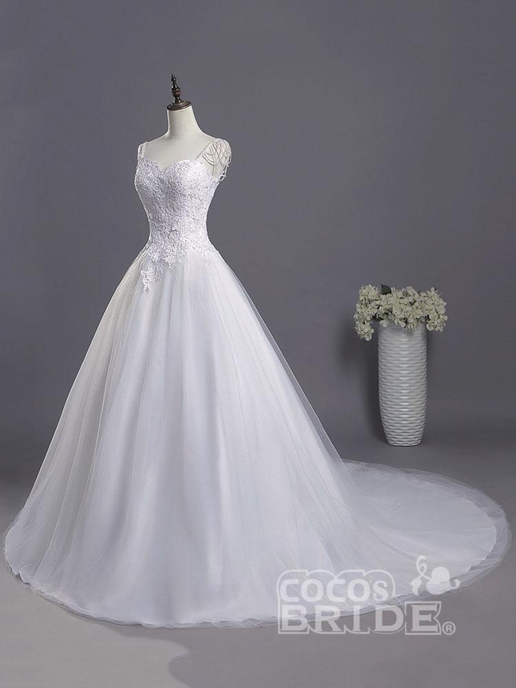 Gorgeous Long A-line Sweetheart Tulle Lace Appliques Wedding Dresses